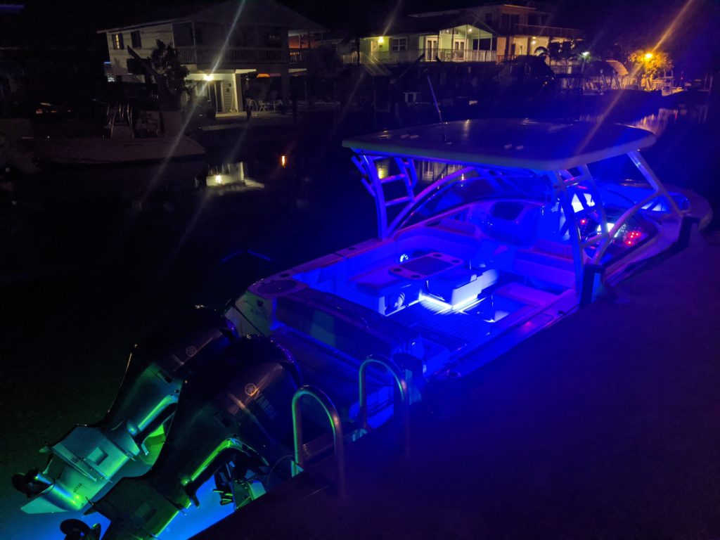 White Noise Charters Boat at Nighttime